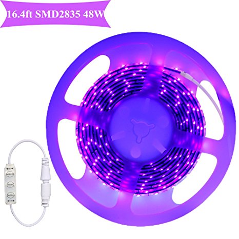 SOLMORE UV Black Lights Led Strip 300 LEDs 16.4Ft/5M 2835 Flexible Waterproof Blacklights Purple Light Night Fishing Sterilization implicitly Party with 48W DC12V 5A Power Supply