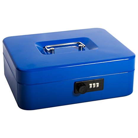 Safe Cash Box With Combination Lock, Decaller Medium Double Layer Cash Box with Money Tray Locking Storage Box, 9 4/5" x 7 4/5" x 3 1/2", QH2502M, Blue
