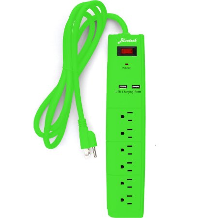 Bluetech 6 Outlet Surge Protector with Dual USB Ports and 6 Ft Cord, Green