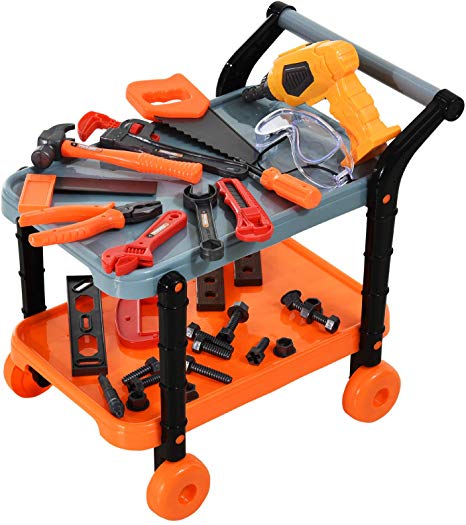 HOMCOM 32pc Kids Tool Set Pretend Play Construction Workbench with Rolling Cart Orange/Grey, Battery Operated Electric Drill Toy