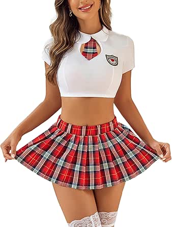 Avidlove Womens Lingerie Sets Sexy Costume 2 Piece Outfits with Tie Top and Mini Pleated Skirt