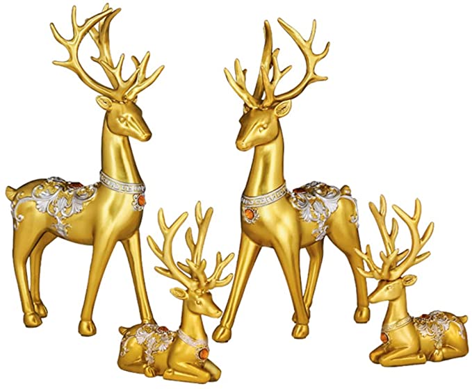 Gold Auspicious Deer Resin Desktop Ornaments Figurine Tabletop Statues Sculpture for Home Arts Decoration, Pack of 4, Variable Size