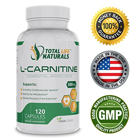 L-Carnitine Tartrate 500mg Capsules (120), Natural Fat Burner & Weight Loss Support Supplement for Men & Women | Made in the USA by Total Life Naturals