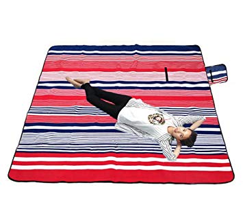 XXX-Large Outdoor Picnic Blanket with Waterproof Backing - 200 x 200 cm Beach Rug Mat - Folding and Portable Perfect for Beach, Travel, Festival, Camping - Red & Blue Stripe