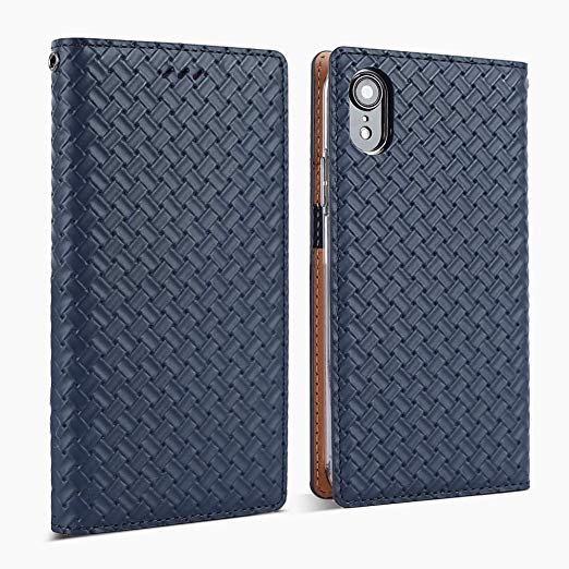 DesignSkin iPhone XR Weaving Leather Flip Folio Wallet Case: 100% Leather That is Genuine Cowhide w/Card Slot & Cash Pocket for Apple iPhoneXR - Navy