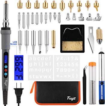 Fuyit 42Pcs LCD Wood Burning Kit, Pyrography Pen with Various Temperature Control, Wood Burner Craft Tools for Wood Burning, Soldering, Carving, Embossing (110V, 60W)