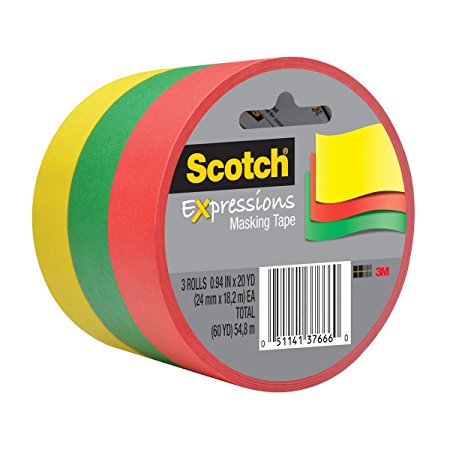 Scotch Expressions Masking Tape, 0.94 x 20 Yards, Red, Yellow, Green, 3-Rolls/Pack (3437-3PRM)