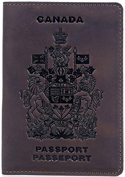 Shvigel Passport Cover - 100% Genuine Leather - Arms of Canada Embossing - for Men & Women - Passeport Holder - Modern Travel Document Case (Brown Vintage)