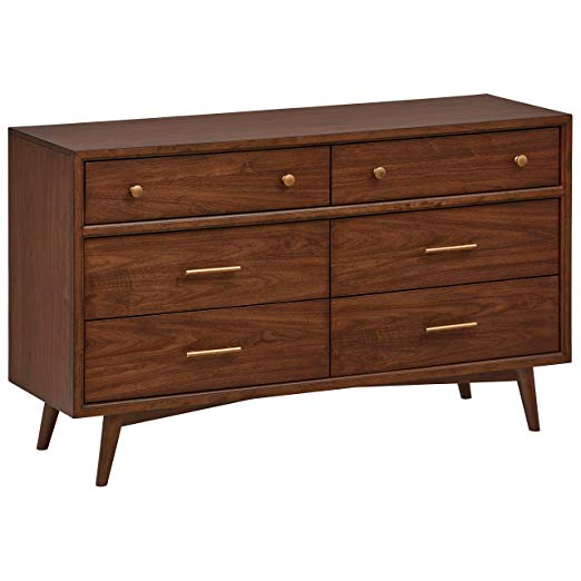 Rivet Jonathan Mid-Century Modern Wood Bedroom Dresser, Brass-Toned Hardware, 58 Inch Wide, Walnut