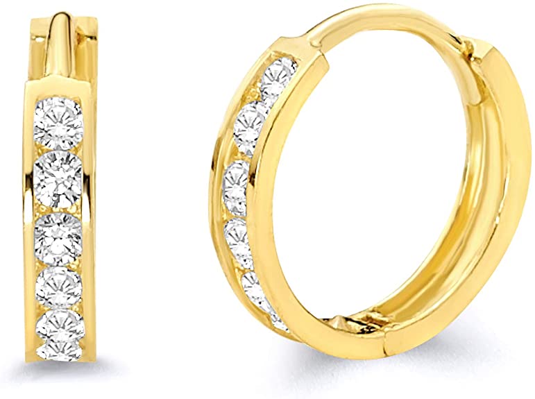 14k Yellow Gold 2mm Thickness CZ Channel Set Hoop Huggie Earrings - 3 Differnet Size Available