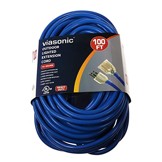 Viasonic Premium Outdoor Extension Cord UL listed - Super Heavy Duty & Durable - 12 Gauge - .15AMP-125V-1875W - Industrial Blue Cord, Premium Lighted Plug, by Unity (100 Ft)