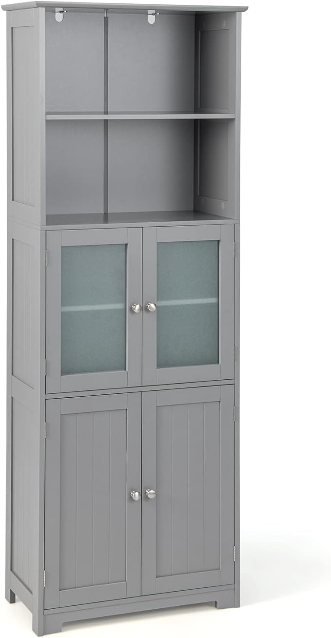 COSTWAY Bathroom Tall Cabinet, Freestanding Storage Cupboard with Tempered Glass Door and Open/Adjustable Shelves, Wooden High Floor Storage Cabinet for Living Room Kitchen Hallway (Grey)