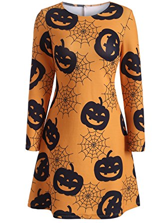 ICOCOPRO Slim Dress of Halloween Printing with Scary Pumpkins Spider Web Moon Round Neck