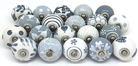 JGARTS 20 Knobs Grey & White Cream Hand Painted Ceramic Knobs Cabinet Drawer Pull Pulls