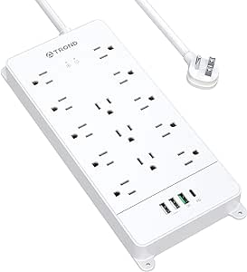 TROND Surge Protector Power Bar with 32W USB C & QC 3.0 Charger, 13 Widely Spaced Outlets 4 USB Ports, 5ft Flat Plug Extension Cord Power Strip, 4000J, ETL Listed, Wall Mount for Dorm Room Essentials