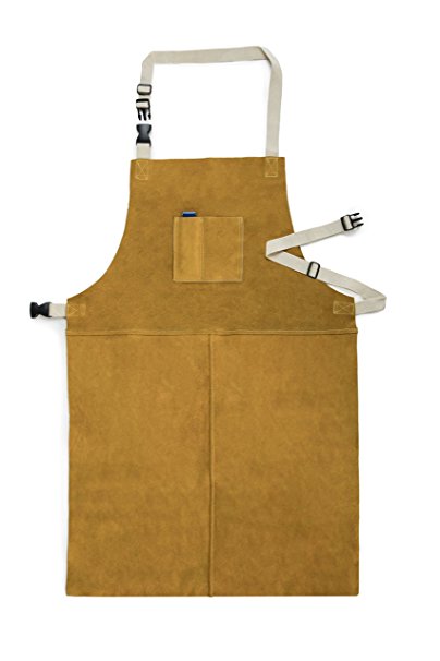 Fookay Leather Welding Apron heat resistant 24 inch by 36 inch with Adjustable Neck and Waist Straps Tan One Size Includes Welding Tip Cleaner
