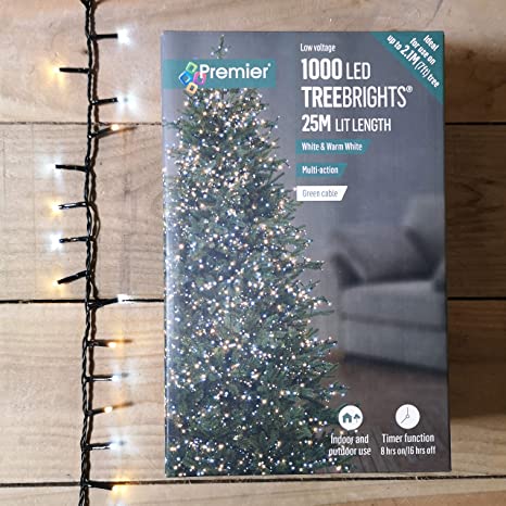 Premier Decorations - 1000 Multi Action TreeBrights LED Lights with Timer - Warm White & White
