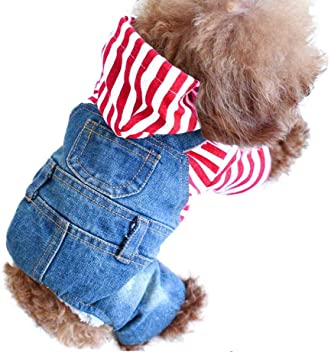 OSPet Pet Clothes Pet Denim Dog Jeans Jumpsuit Overall Strip Hoodie Coat Small Medium Dogs Cats Classic Jacket Puppy Blue Vintage Washed