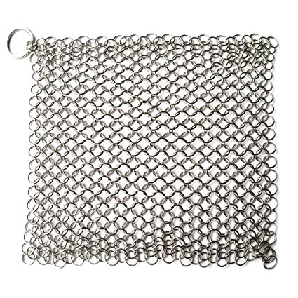 Umiwe Basics Cast Iron Cleaner 8x6 Inch Stainless Steel Chainmail Scrubber Skillet Cleaner with Ring(Silver)