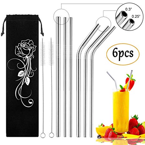 Stainless Steel Drinking Straws, 6 Pack Smoothie Straws with 2 Pack Cleaning Brushes in Black Storage Pouch, 8.5 inch Reusable Drinking Straws (3 Straight and 3 Bent Metal Straws) by QMAY