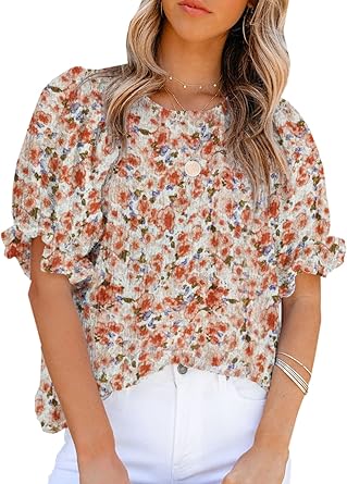 Dokotoo Floral Print Blouses for Women Crewneck Smocked Puff Sleeve Shirts Casual Babydoll Tops