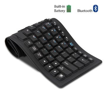 LONRIC Rechargeable Flexible Folding Wireless Silicone Bluetooth Keyboard with Virtual Numeric Keypad Waterproof for Windows Android IOS PC Tablets Smartphones - Black
