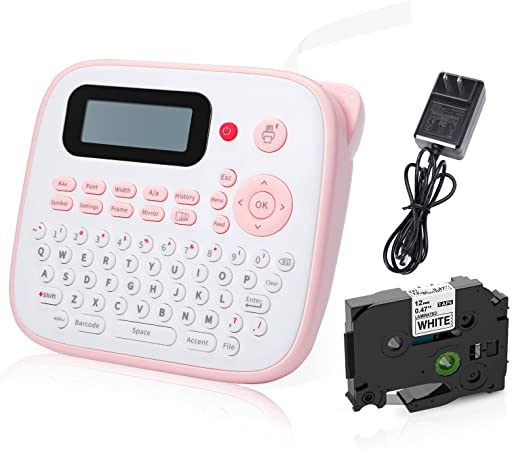 Label Maker D210S, Printer with AC Adapter, QWERTY Keyboard, Multiple Templates, User-Friendly Memory Function, Easy-to-Use Labeler Machine, Pink, Compatible Brother Tze Label