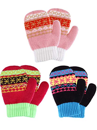 Tatuo 3 Pairs Full Finger Kids Gloves Winter Warm Knitted Mittens Plush Thicken Christmas Gloves for Infant Boys Girls