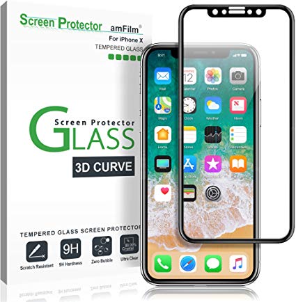 amFilm iPhone X Screen Protector Glass, Apple iPhone X Tempered Glass Screen Protector 3D Curved with Full Screen Adhesive for iPhone X 0.3mm (1-Pack)