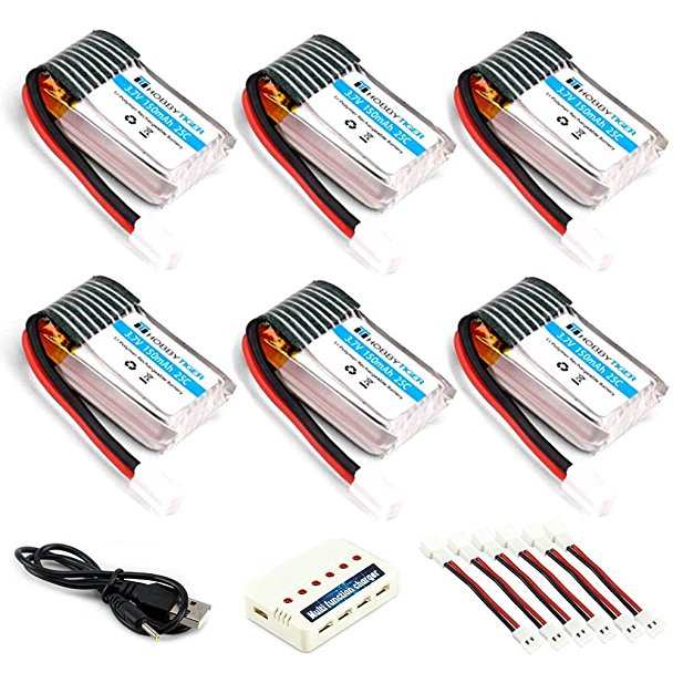 HOBBYTIGER 6-Pack 3.7V 150mAh Battery with 6-in-1 Charger for Eachine E010 JJRC H36 Mini UFO Quadcopter Drone (6-Pack)