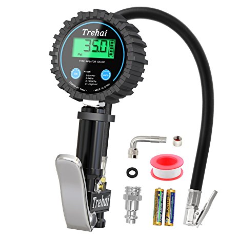 Digital Car Tyre Pressure Gauge and Inflator Gun 200 PSI High-Precision, with Straight Lock-On Air Chuck, 90 Degree Valve Extender, Air Hose, Heavy Duty for Truck, Automobile, Motorcycle, By Trehai