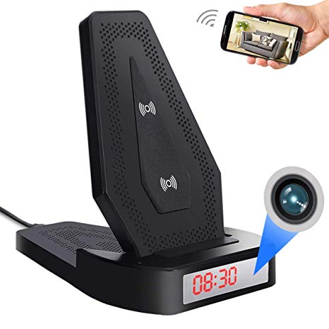 Pelay WiFi Hidden Camera Wireless Charger Spy Camera, HD 1080P Home Security Wireless Fast Charger Nanny Clock Camera with Motion Detection Video Recorder for Android/iPhone(Video Only!)