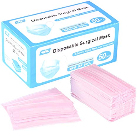 WELL KIEAN Disposable Surgical Mask with Elastic Earloop, Filter Dust, Pollen, Virus and Bacteria by 3 Non-Woven Layers (50PCS,Pink)