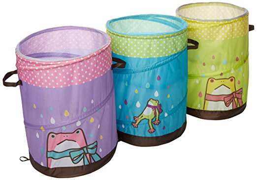 Set of 3 Pop-up Hamper Storage Bin / Basket / Container - Mr. Organize Frog for Children: Green, Blue and Purple