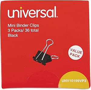 Universal 10199VP3 Mini Binder Clips, 1/4-Inch Capacity, 5/8-Inch Wide, Black, 36/Box