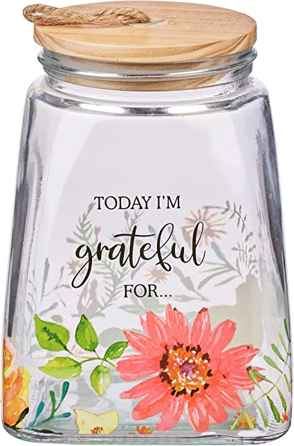 Christian Art Gifts Keepsake Count Your Blessings Glass Gratitude Jar Set with Bible Verse Note Cards - Today I'm Grateful For, Floral Orange Daisy