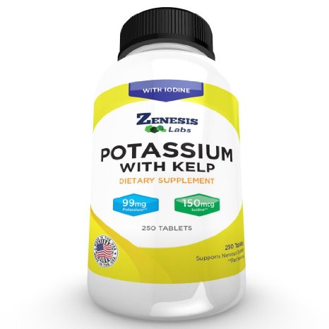 Potassium Gluconate with Iodine Kelp - 250 Tablets - 99mg Per Tablet with 150mcg of Iodine - Blood Pressure Support Supplement - Leg & Muscle Cramp Relief
