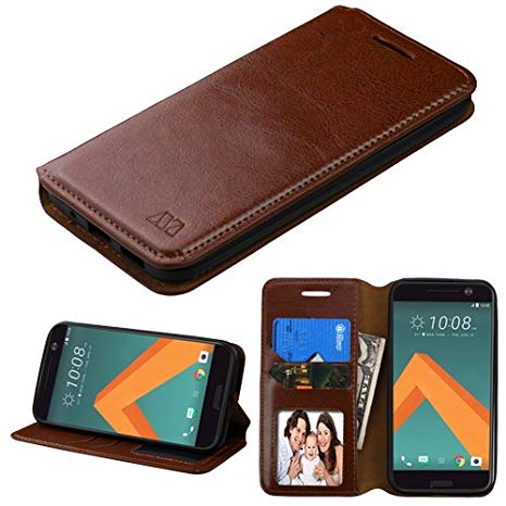 Kaleidio Case Compatible For HTC 10 [MyJacket] Hybrid Wallet Flip Book Style Cover w/Credit Card Slot & Stand Feature [Includes a Overbrawn Prying Tool] [Brown]