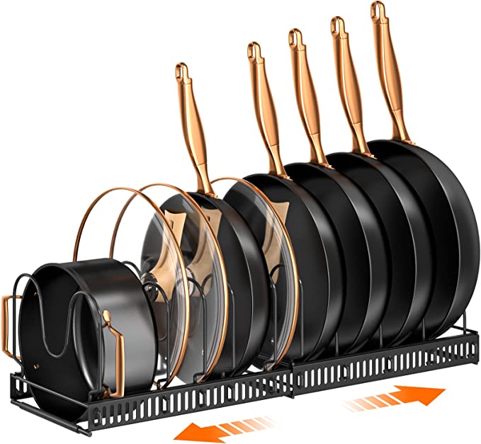 MUDEELA Pots and Pans Organizer : Rack for under Cabinet, Expandable Pot Lid Organizer Holder with 10 Adjustable Compartment, Kitchen Cabinet Organizer for Cutting Board, Cast-iron Pan, Heavy Cookware