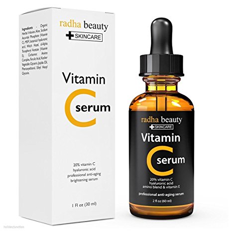 VITAMIN C Serum for Face - 2 fl. oz - 20% Organic Vit C + E + Vegan Hyaluronic Acid - Professional Facial Skin Care Formula - Radha Beauty