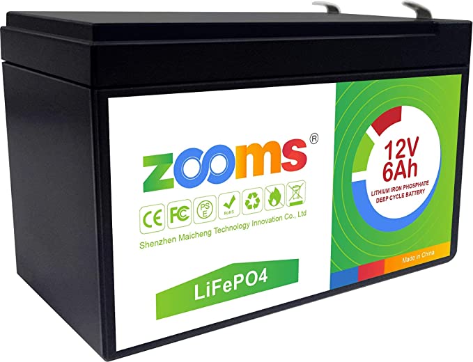 Zooms 12V 6Ah LiFePO4 Deep Cycle Rechargeable Battery, 2000  Cycles & 10-Year Lifetime, Built-in BMS, Maintenance-Free Battery, Perfect for Solar Power System, Kids Scooters, Wheelchairs