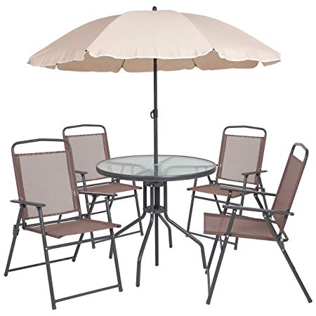 Flash Furniture Nantucket 6 Piece Brown Patio Garden Set with Table, Tan Umbrella and 4 Folding Chairs