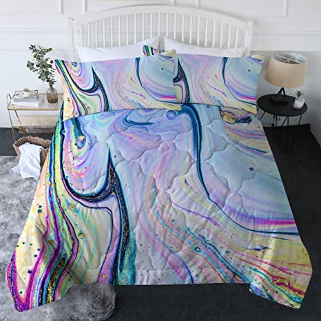 BlessLiving 3 Piece Colorful Marble Comforter Set with Pillow Shams Bedding Set with 3D Printed Designs Reversible Comforter Twin/Twin XL Size Duvet Sets, Rainbow Quicksand