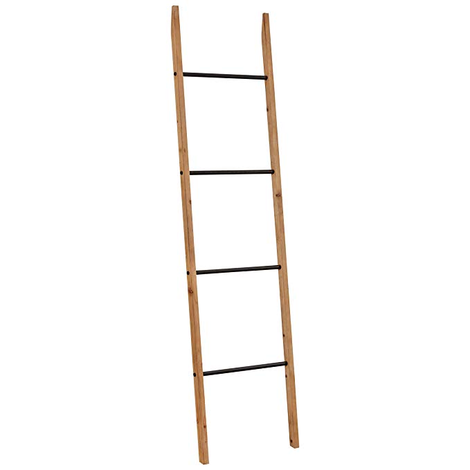 Rivet Contemporary Fir Decorative Blanket Ladder with Iron Rungs, 71.65"H, Black, Natural Wood