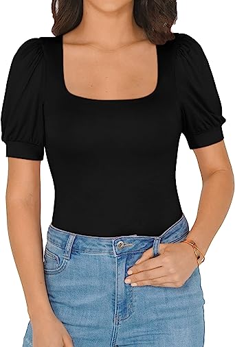 MANGOPOP Square Neck/Mock Neck Puff Sleeve Loose Lantern Short Sleeve Long Sleeve Bodysuit for Women for Going Out