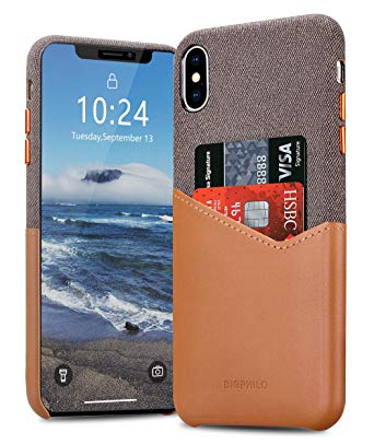 Bigphilo iPhone X Case with Card Holder, Mix Series Slim Cover iPhone X Wallet Style, Soft-Touch Fabric with Synthetic Leather Case for iPhone X 2017 - Brown/Brown