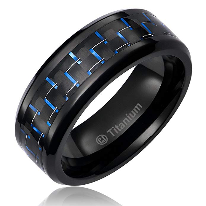 Cavalier Jewelers 8MM Mens Titanium Ring Wedding Band Black Plated with Black and Blue Carbon Fiber Inlay
