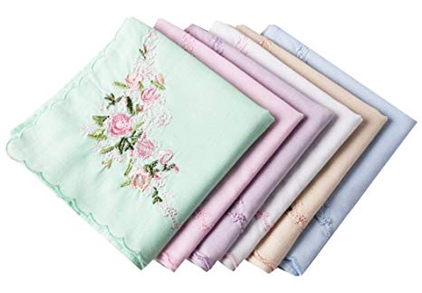 Ladies Soft Embroidered Rose Handkerchiefs-60s" Cotton Square 43cm