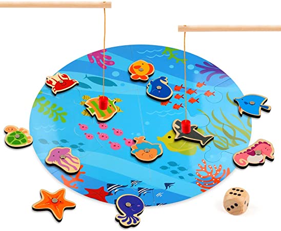 BeebeeRun Fishing Game,Wooden Magnetic Fishing Toys for Kids Toddlers,Toys for 2 Year Old Boys Girls,12 Different Fishes, 2 Magnetic Rods and 1 Dices,Gifts Boxed
