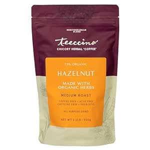 Teeccino Hazelnut Chicory Coffee Alternative - Ground Herbal Coffee That’s Prebiotic, Caffeine Free & Acid Free, Medium Roast, 1.1 Pound